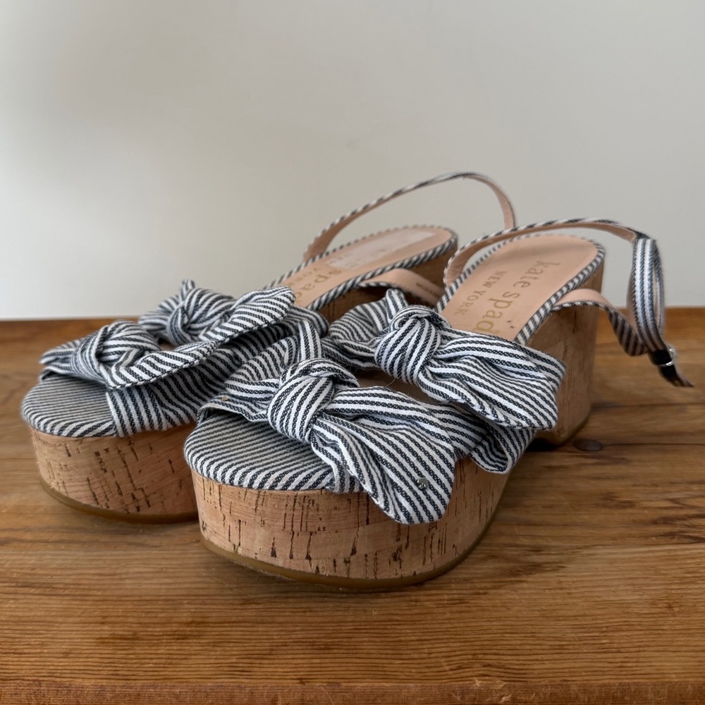 Kate Spade Julep Canvas & Cork Platform Wedge Sandals Heels Blue Women’s 8.5 - Picture 2 of 9